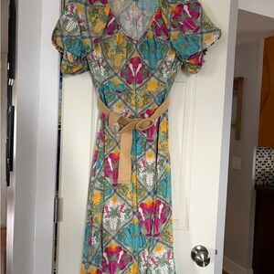 Loft Floral Patchwork V-Neck Dress with Belt